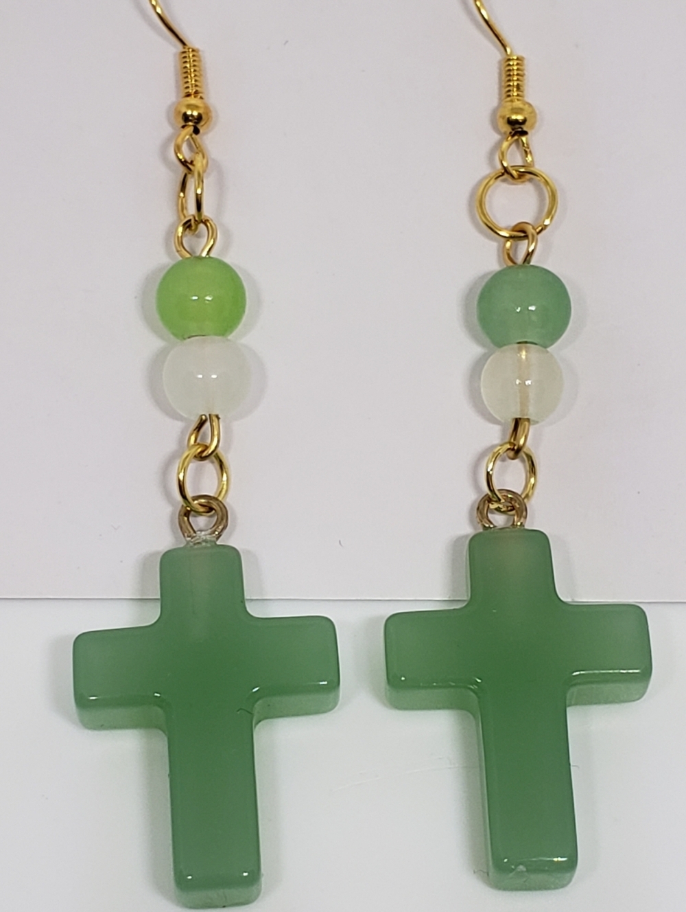 Handmade Beaded Glass White Green Cross Dangle Earrings